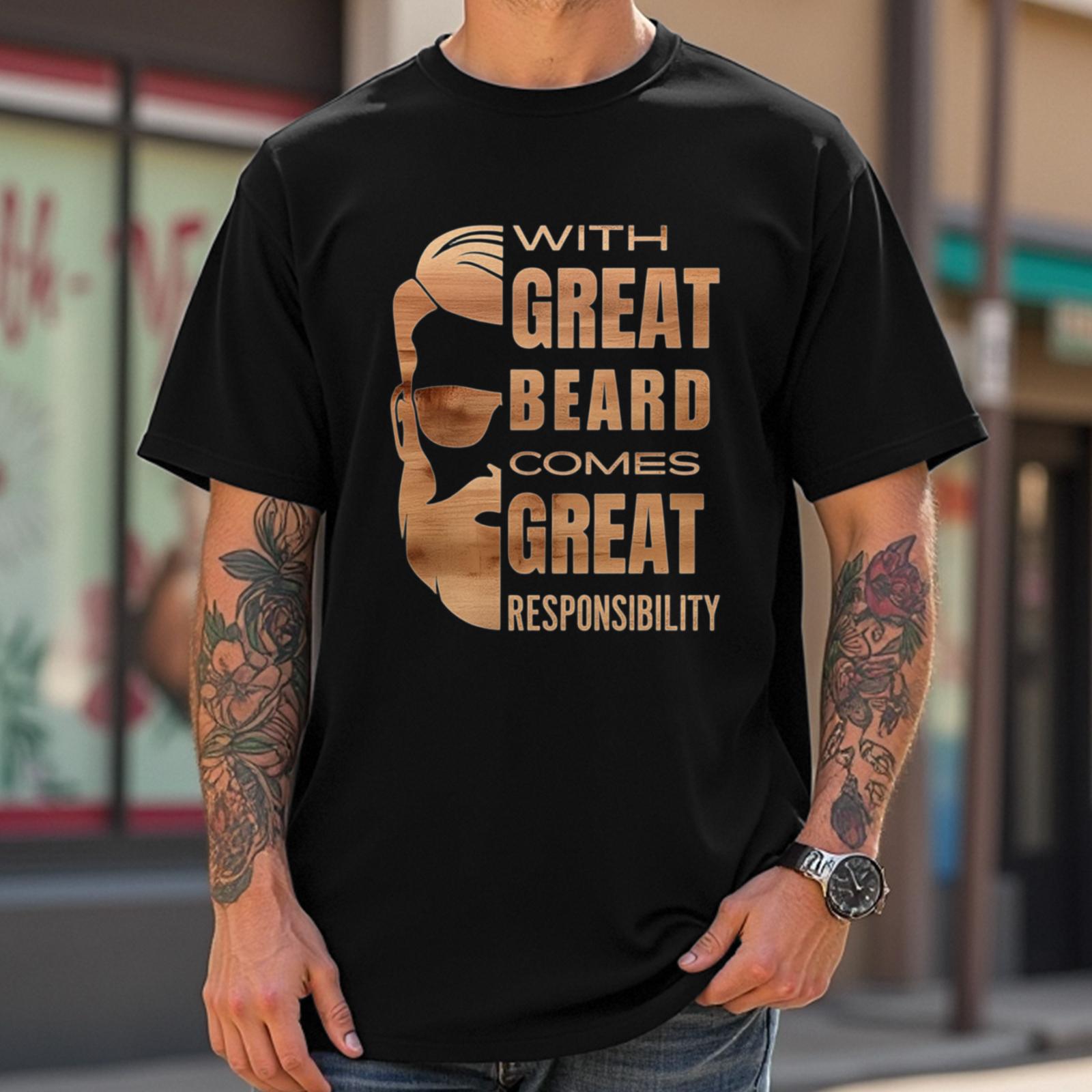 Funny Beard Shirt Wood Design, With Great Beard Comes Great Responsibility, Men's Beard T-Shirt, Funny Shirt for Men, Gifts for the Bearded graphic tee