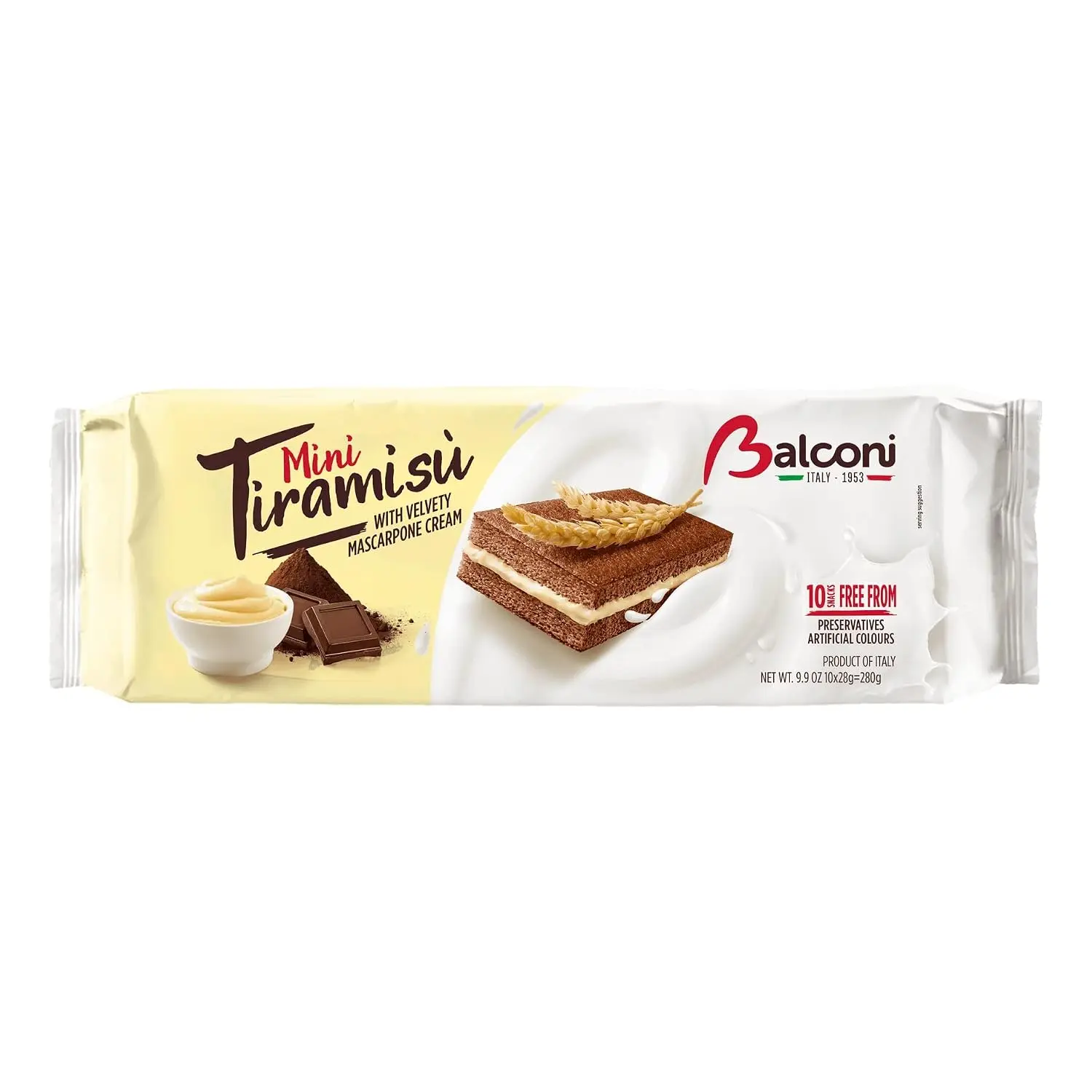 Balconi Mini Tiramisu Cakes 280g (10 Pack) - Soft Sponge Cakes with Mascarpone Cream Filling