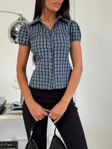 Women's Plaid Print Button Front Shirt, Casual Slim-fitting Shortsleeve Collared Top for Daily Wear, Ladies Clothes for All Seasons, Womenswear, Blouse, Blouses Shirts Tops