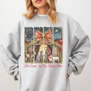 Christmas Oh Come Let Us Adore Him Sweatshirt - Ash Grey - Christmas Sweatshirt