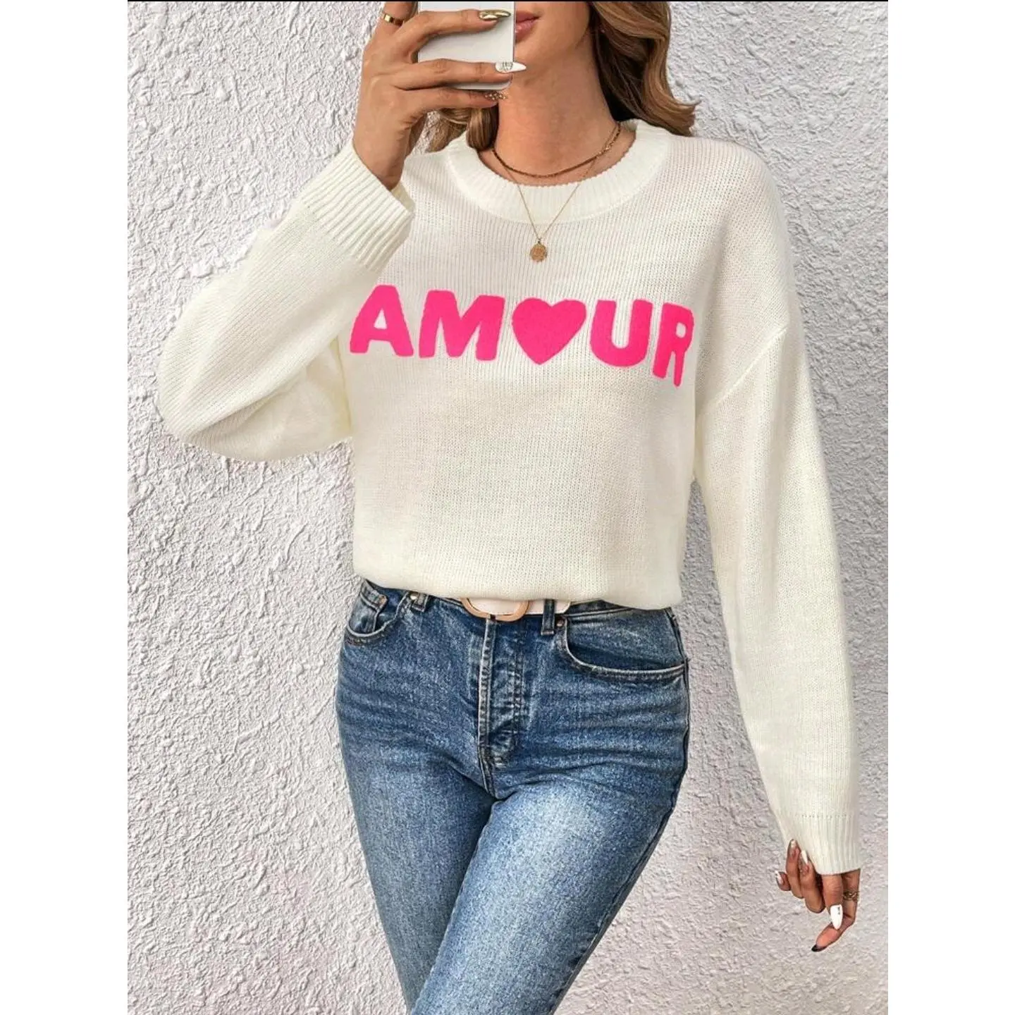 White Sweater With Amour Print Fall White Knited Drop Shoulder Sweater Perfect For Christmas Holiday Gift