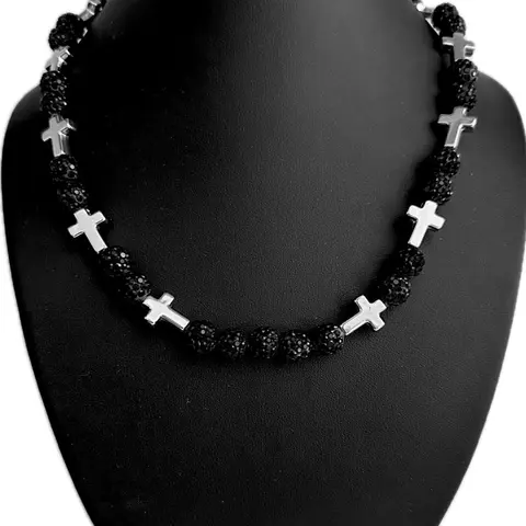 Iced Bling Disco Ball Rhinestone Crystal Bead Baseball Drip Necklace Black Silver Cross chains