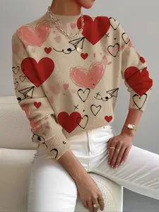 Women's Fall Winter Knit Sweater, Elegant Cartoon Heart Print, Casual & Commute Wear, Valentine's Day Gift, Holiday Style