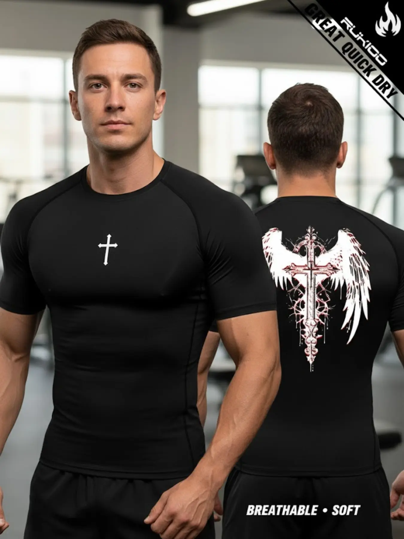 Men’s Quick Dry Compression T Shirt with Wing Graphic, Breathable High Stretch Athletic Base Layer for Gym, Running, Fitness, Workout, Outdoor Training and Everyday Active Sportswear, Active T Shirts, Quick Drying Top