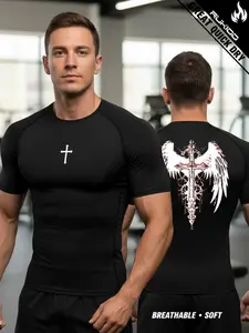Men’s Quick Dry Compression T Shirt with Wing Graphic, Breathable High Stretch Athletic Base Layer for Gym, Running, Fitness, Workout, Outdoor Training and Everyday Active Sportswear, Active T Shirts, Quick Drying Top