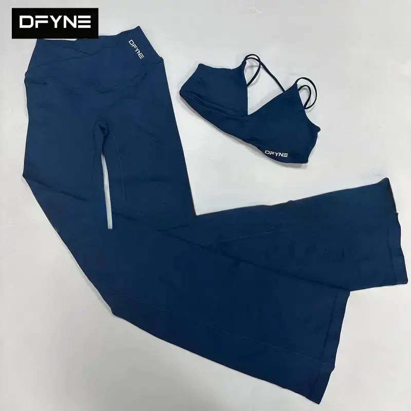 DFYNE Women Twist Front Sports Bra & Crossover V Waist Flare Leggings 2 Piece Seamless Workout Set Stretchy Gym Outfit for Activewear Yoga Pilates Everyday Athleisure