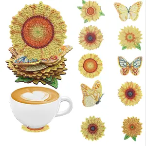 10 pieces of diamond-painted art coasters with flower and butterfly patterns, coasters without cup holders, made of wood, suitable for home kitchen office desks, home decoration, adult office desk accessories, Diamond painting coasters