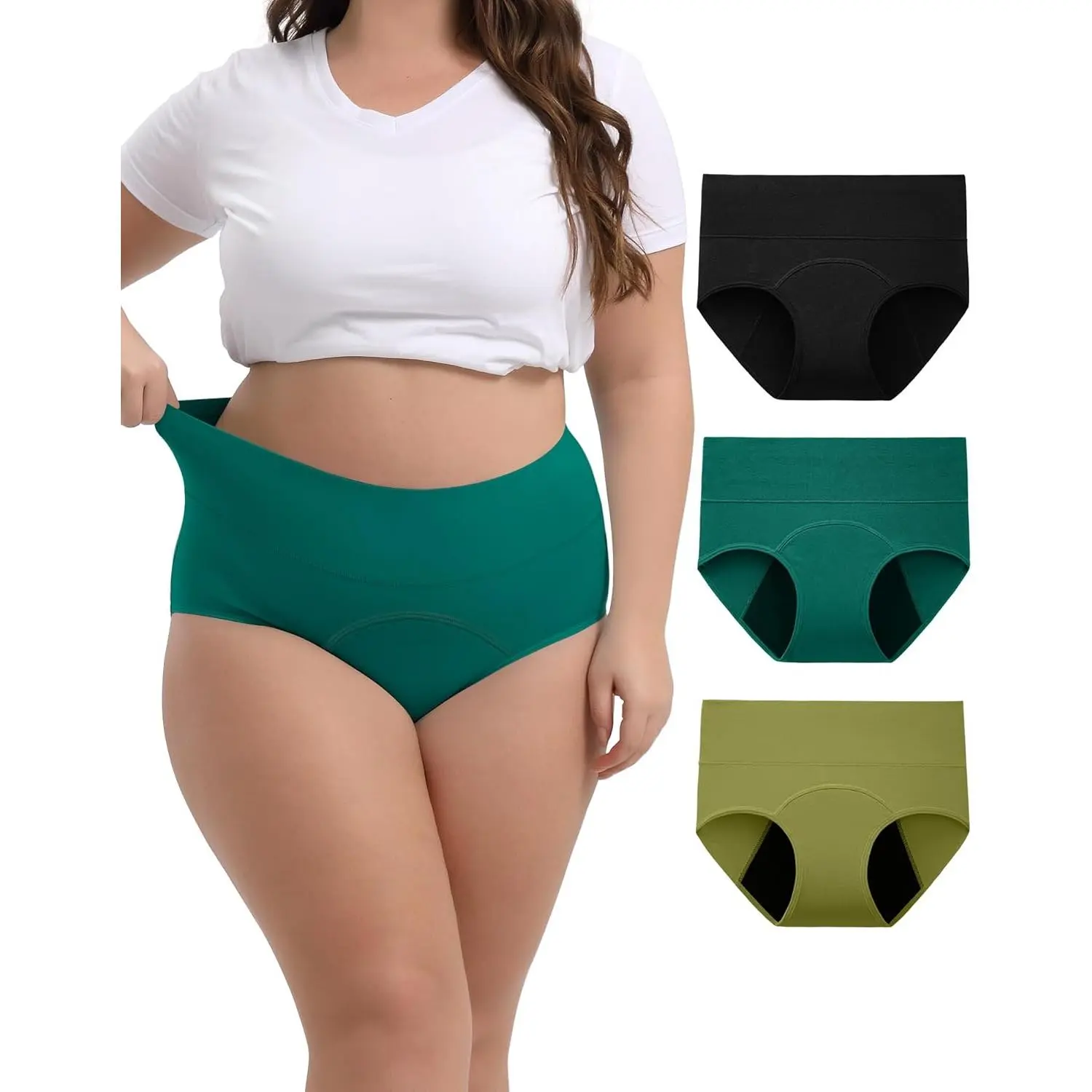 Women's Period Underwear 3-Pack, High Waist Solid Cotton Elastane Panties for Leak-Proof Postpartum Protection, Affordable Fashion, Cotton Blend