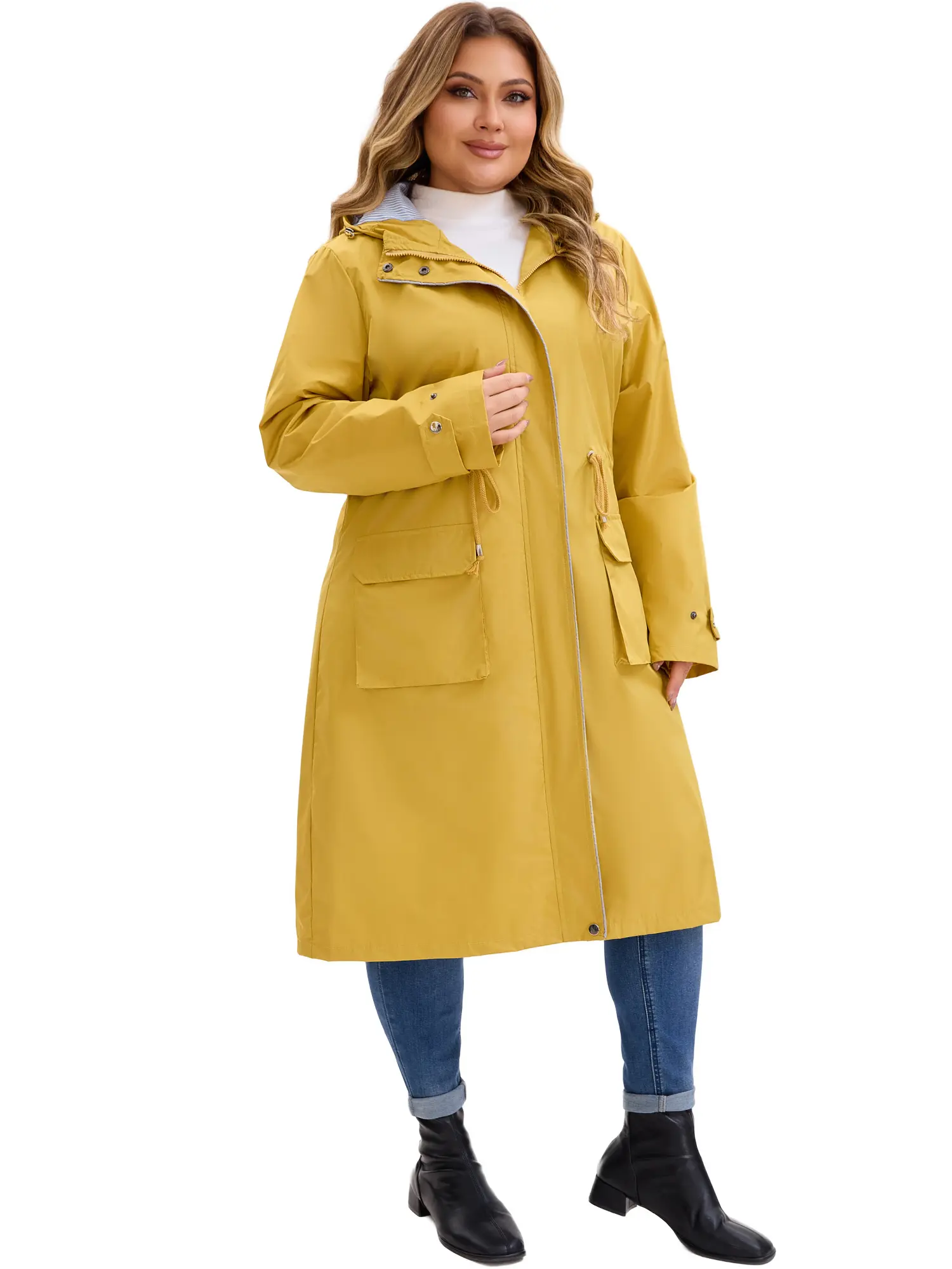 Agnes Orinda Women's Plus Size Hooded Long Jacket Adjustable Drawstring Waist Zipper Outdoor Windbreaker Trench Coats