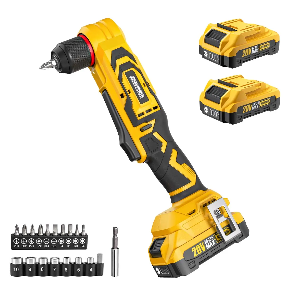 20V Brushless 3/8" Right Angle Drill Kit, Cordless Angle Drill with 2x 2.0Ah Batteries & Charger, Variable Speed & LED Light for Tight Spaces & Drilling