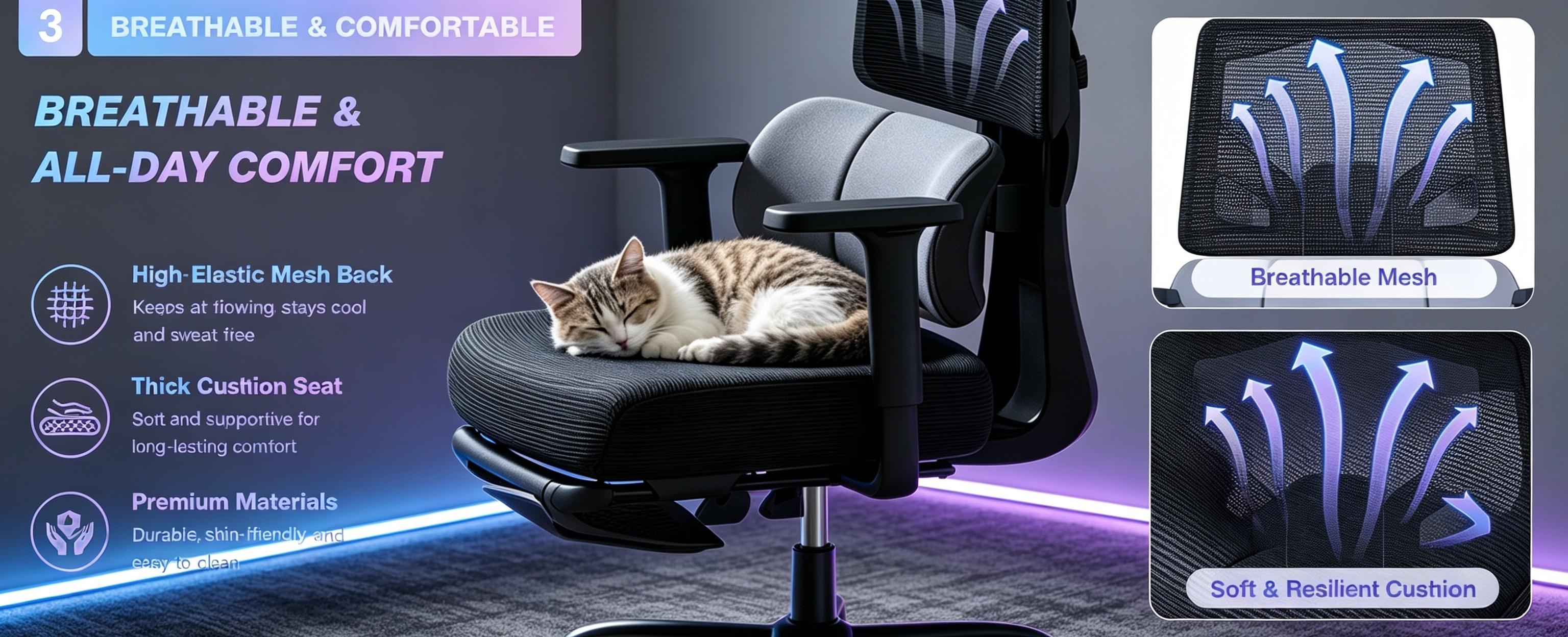 Mr IRONSTONE Ergonomic Office Gaming Chair with Footrest & Adjustable Lumbar Support, High Back Home Desk Chair, 90-135° Tilt Lock and Wide Cushion, Big and Tall Mesh Chairs for Man Woman, Black Task Chair, 400lbs Capacity