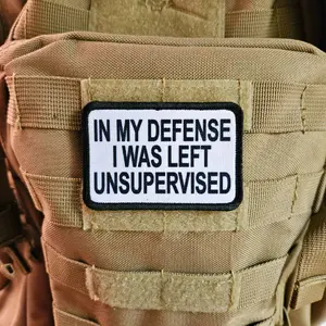 In My Defense I was left Unsupervised removable patch 2"x3" morale patch with hook and loop backing white background