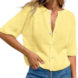 Fisoew Womens Short Sleeve Cropped Cardigan Sweaters Button Down Ribbed Knit Going Out Tops Casual Summer Outfits SummerVibes