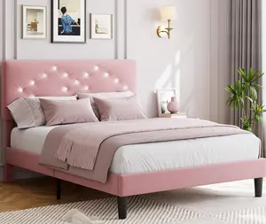 Queen Bed Frame Upholstered Platform Bed with Button Tufted Headboard and Under Bed Storage Space Sturdy Wooden Slats Support No Box Spring Needed Noise Free and Easy Assembly Pink