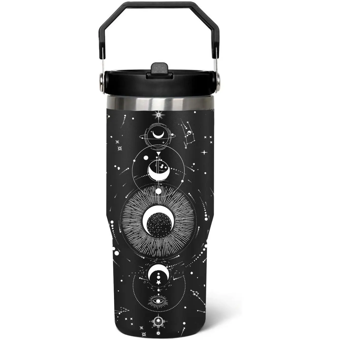 Women's 30oz Stainless Steel Portable Classic Skinny Insulated Goth Tumbler Set - Leakproof, with Handle, Lid, Built-in Printed Straw; Halloween Sun and Moon Witch Coffee Travel Mug, Aesthetic Birthday Gift