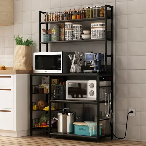 NAIYUFA Industrial Vintage Grey 5-Tier Baker's Rack - Free-Standing MDF & Metal Multi-Level Vertical Kitchen Furniture, 3 Power Outlets, 2 USB Stations, Adjustable Totes & Feet, Kitchenware Organizer to Maximize Cabinet Space