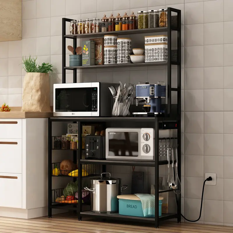NAIYUFA Industrial Vintage Grey 5-Tier Baker's Rack - Free-Standing MDF & Metal Multi-Level Vertical Kitchen Furniture, 3 Power Outlets, 2 USB Stations, Adjustable Totes & Feet, Kitchenware Organizer to Maximize Cabinet Space
