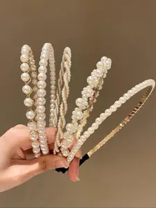 5Pcs Faux Pearl Decorated Headband, Temperament Elegant Hair Bands, Classic Fashion Hair Accessories for Women And Girls, Versatile Stylish Headband Set for Daily Outfit Matching, Casual Life Occasions And Party Dress Up Decoration,summervibes