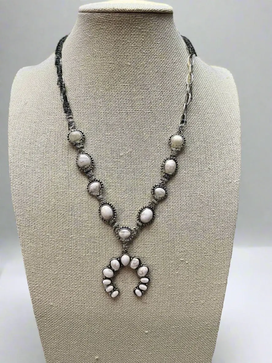 Western White Stone Faux Squash Blossom Necklace — 16 Inch Southwestern Statement