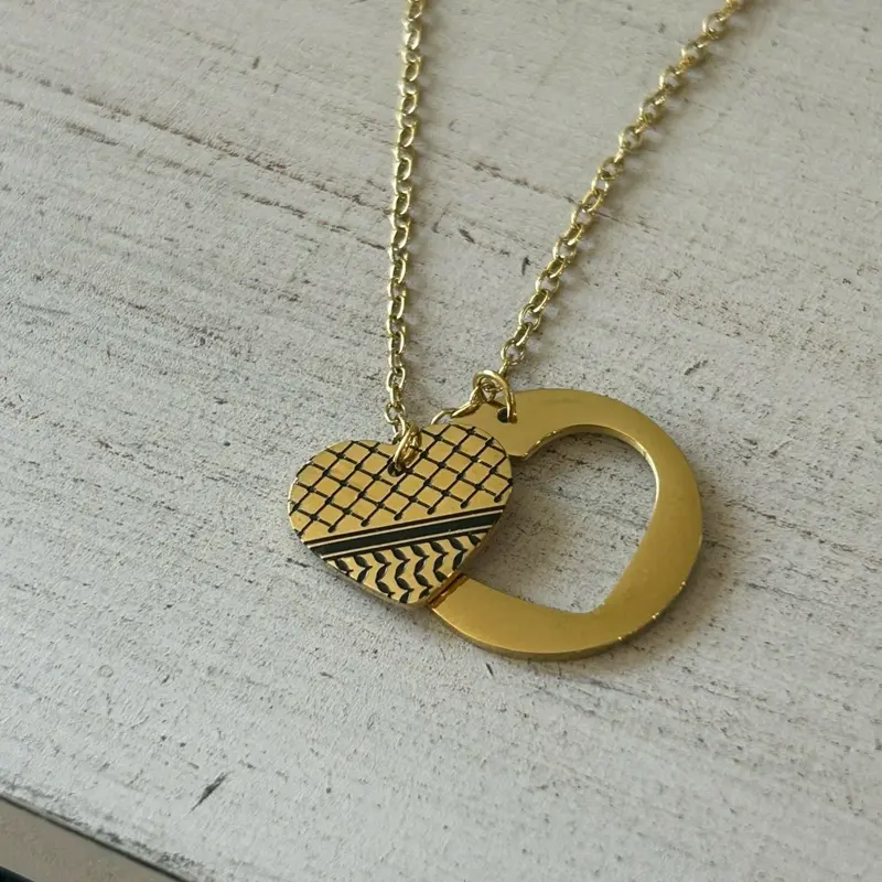 Palestinian Keffiyeh Heart Necklace Layered Heart Pendant Jewelry with Gold Tone Chain and Palestine Inspired Charms for Everyday Wear and Gifting