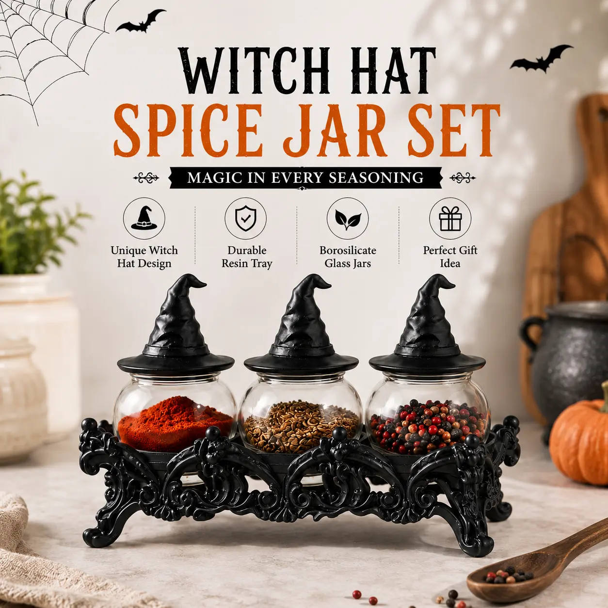 Gothic Witch Hat Glass Spice Jars Set of 3 with Vintage Black Carved Stand, Home Spices Organizer Bottles, Halloween Spooky Kitchen Counter Decoration Gift