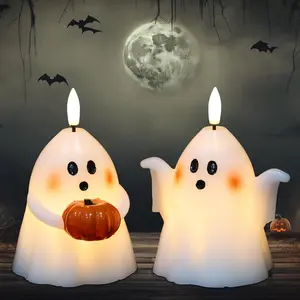 Flameless Ghost Candles for Halloween – 2 Pack Flickering LED Pillar Candles with Timer, Real Wax Look & Hand-Painted Detail – Battery Operated Spooky Candles for Dinner Table, Window, Graveyard Decor – Perfect Halloween Gift & Safe Home Decor Light Room