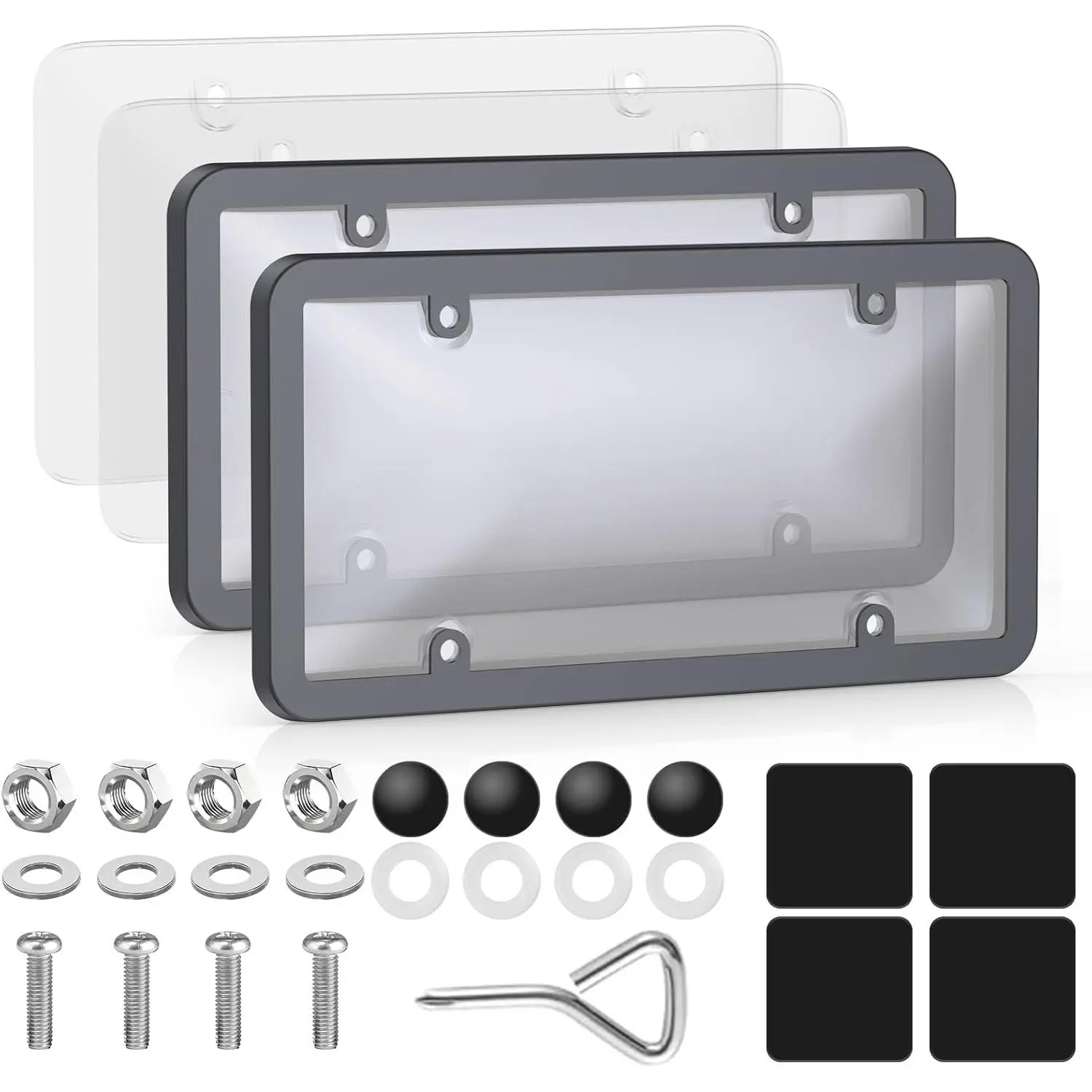 Vitog 2 Packs Clear License Plate Covers with 2 Extra Spare, Shatterproof License Plate Protector, Anti-Yellowing License Plate Holders & Frames with Anti-Rattle Pads & Hardware For Standard US Plates