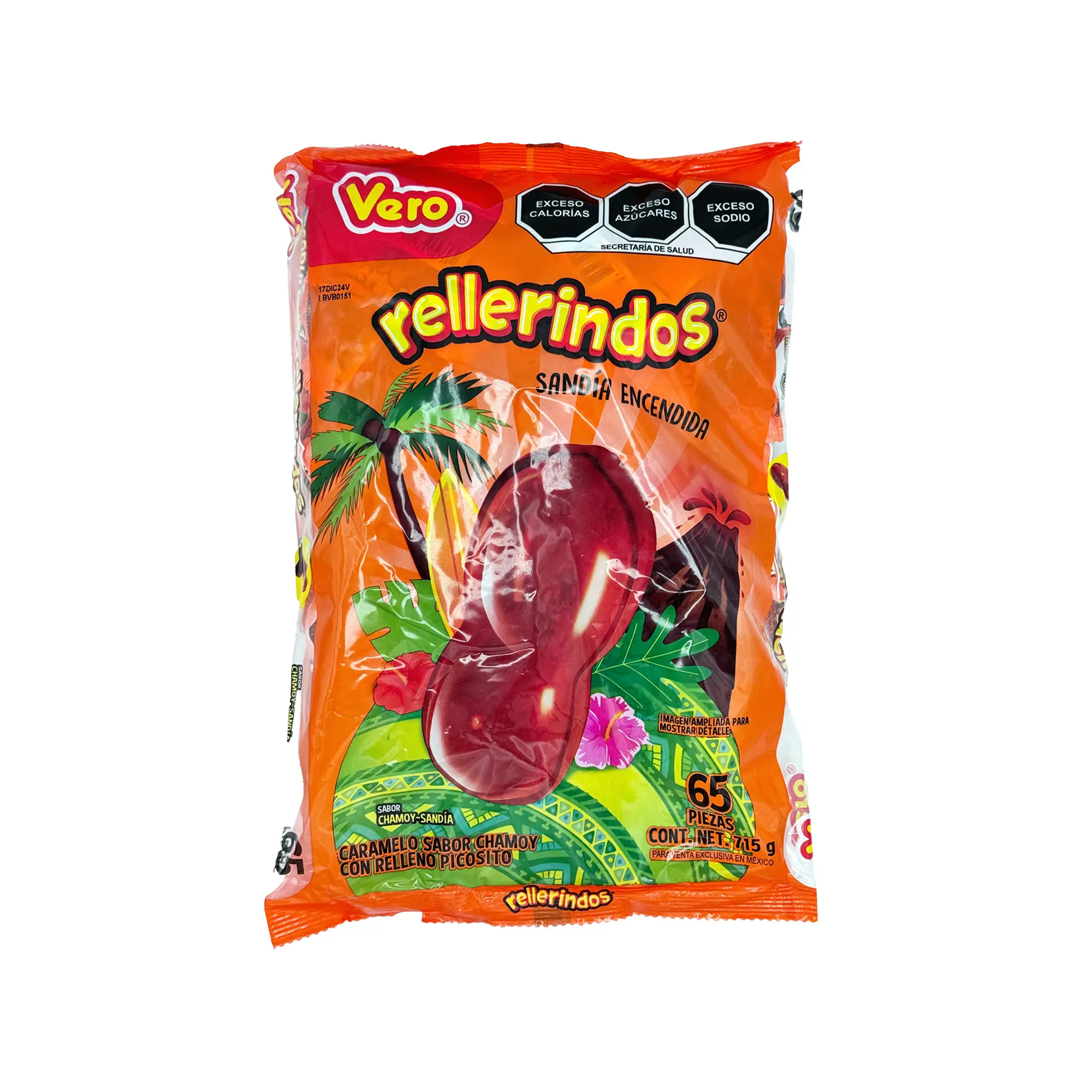Vero Rellerindos Sandia Ecendida Chamoy Watermelon Flavored Hard Candy, Chili Pepper, 24.7 oz, 65 Ct Snack Sweet And Spicy Mexican Candy Dulces Mexica