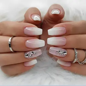 24pcs Ombre & Rhinestone Decor French Style Press on Nails with Tools, Glossy Long Coffin False Nails for Women & Girls, Removable Nail Art Artificial Full Cover Tips, Women Girls DIY Manicure, Fall Gift, Christmas Gift