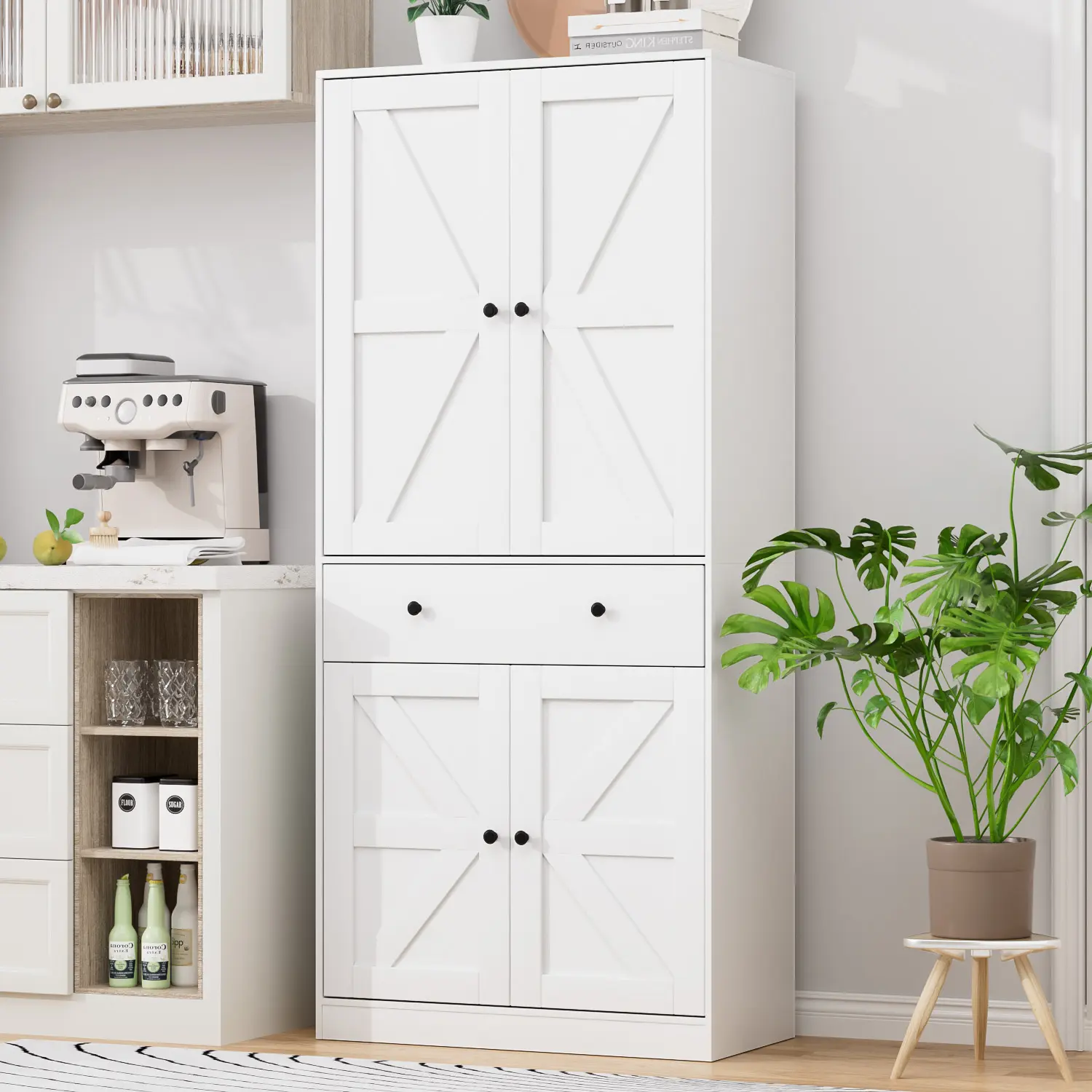 71" Tall Kitchen Pantry Storage Cabinet, Farmhouse Storage Cabinet with Barn Doors, Freestanding Wood Cupboard with Adjustable Shelves for Dining Room, Bathroom, White Rustic Charm