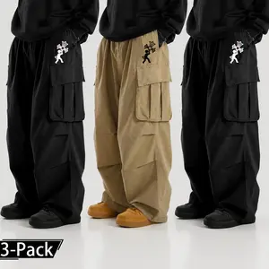 3-pack men’s cargo pants with cross pattern print, large pockets and multiple pockets; Y2K street style, loose fit with waist drawstring, unisex casual long pants, comfortable and breathable work pants for spring/summer everyday wear—trendy, cool, fashion