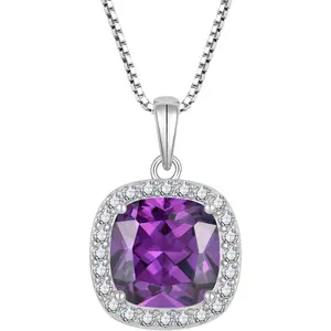 Birthstone Necklace for Women 925 Sterling Silver Princess Cut Halo Necklace Pendant Jewelry Gifts for Her