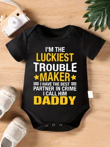 Unisex Baby "I'm The Luckiest Trouble Maker Partner In Crime Daddy" Short Sleeve Black Bodysuit, Funny Quote Newborn Romper
