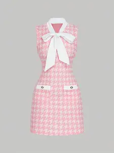 Women's Vintage Elegant Plaid Bow Tie Sleeveless Mini Dress, Casual Dresses, Soft Spring Summer Fashion, Back-To-School, Valentine's Day Gift