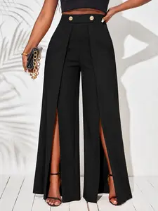 2026 Women's Black High-Waisted Slit Elegant Casual Wide-Leg Pants: These front-slit harem pants feature gold buttons and are perfect for both professional and casual settings, street style and afternoon tea, as well as everyday wear and brunch gatherings