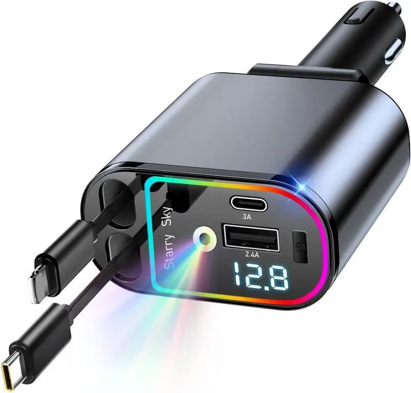 Retractable Car Charger with 2 Retractable Cables USB Port Power Delivery, Compact Design for Car, Phone, Tablet, Laptop - Safe & Portable for Travel, Commuting, Work, Car Charger, Commuting Accessory