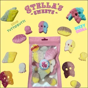 Swedish Candy BUBS Sampler with a Sweet and Sour Mix of popular BuBs Swedish  and also includes sampler of the popular swizzles-squishes vegan gluten free chewy candy- Snack, Bonbon- Freshly packed  weight approx 5oz of sweets Natural Sugar Natural Sugar