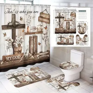 4pcs Rustic Christian Bathroom Decor Set - Farmhouse Shower Curtain with Inspirational Wooden Crosses and Uplifting Phrases, Matching Contour Mats & Toilet Lid Cover - Perfect for Cozy, Faith-Inspired Home Decor