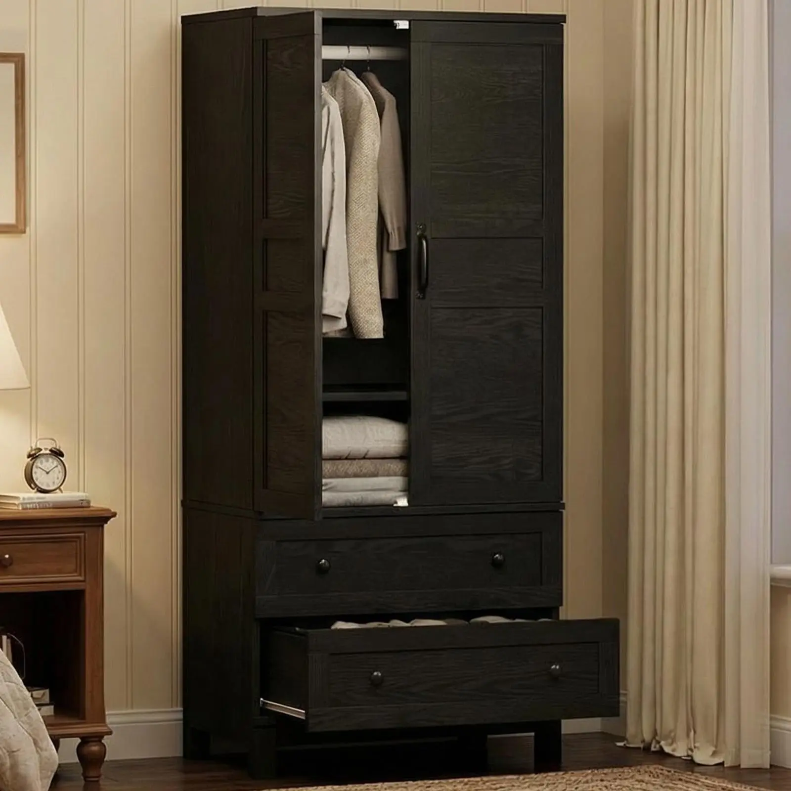 Garvee Sturdy Engineered Wood Armoire Wardrobe Closet - Flat Panel, 2 Drawers, Hanging Rod, 18 Adjustable Shelves, Doors, 21.11 x 31.51 x 72.01 in, 99 lbs, Bedroom Clothes Storage Solution, Black
