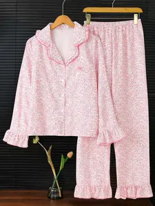 Elegant Floral Print Women's Pajama Set, Ruffled Lace Trim Long Sleeve Cardigan with Matching Straight Pants, Cozy Sleepwear Ensemble, Sleepwear Loungewear Set