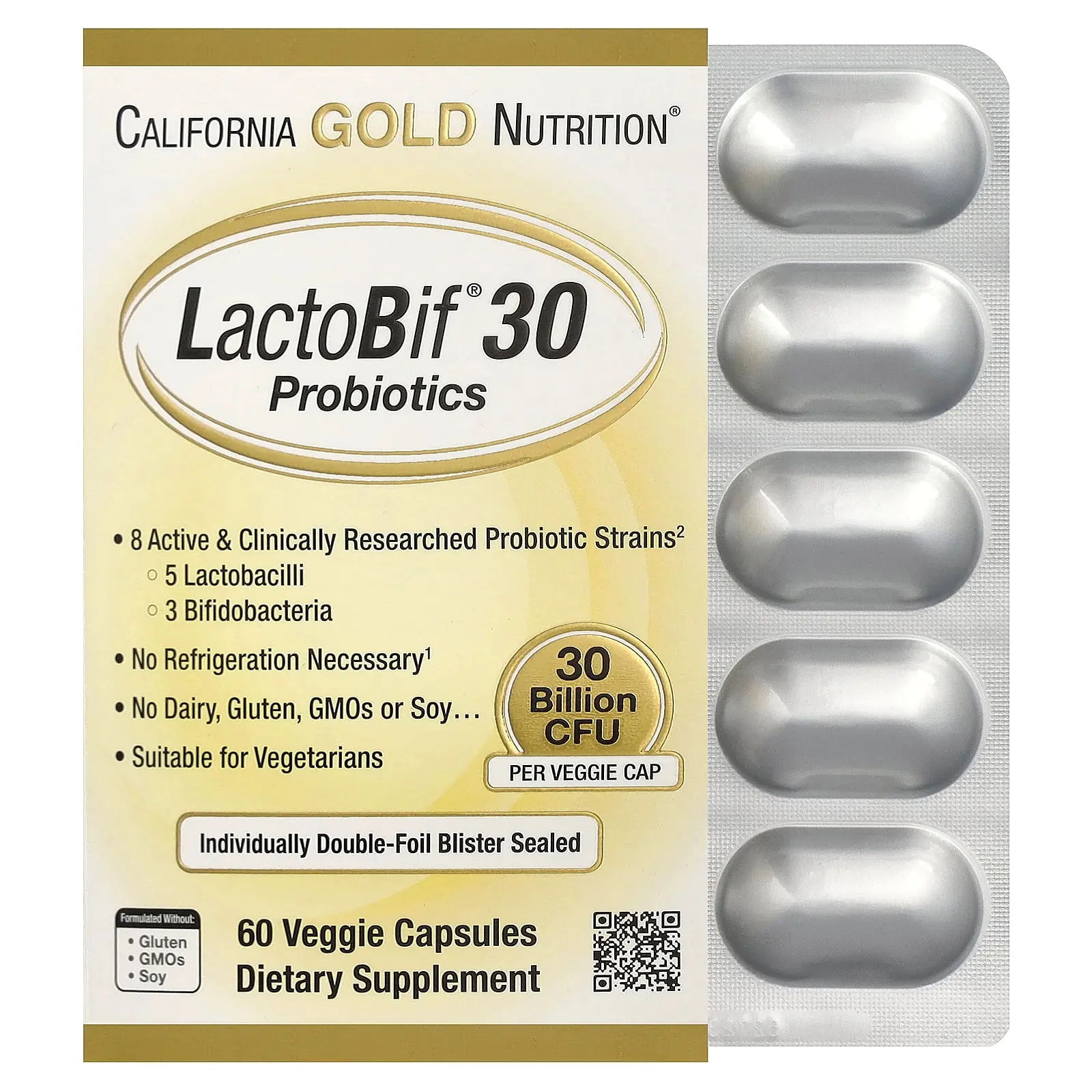 California Gold Nutrition LactoBif® 30 Probiotics, 60 Veggie Capsules