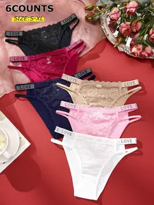 Women's Lace Soft Mesh Thongs Panties, Lingerie, Multi-Color Love Belted Design, Sparkling Rhinestone Waistband, Sexy Chic Style Fitted Comfortable, All Seasons Wear