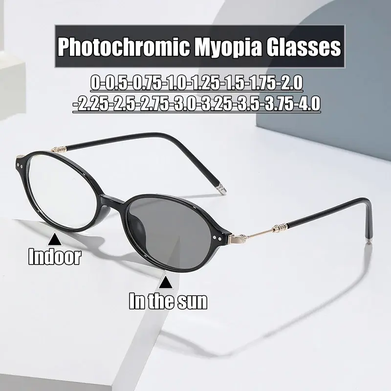 Fashion Oval Frame Photochromic Myopia Glasses Women Anti-blue Light Near Sight Eyewear with Prescription Lenses -1.25-2.25-2.75