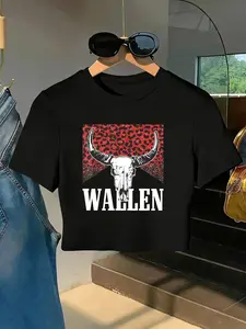 Wallen Bull Skull Leopard Print Animal Crop Top for Women, Country Music Graphic Tee, Red Glitter Leopard Pattern Short Sleeve Cropped T-Shirt, Casual Western Style Crewneck Tops, Music Festivals, Daily Wear, Gift for Wallen Fans, Country Girls