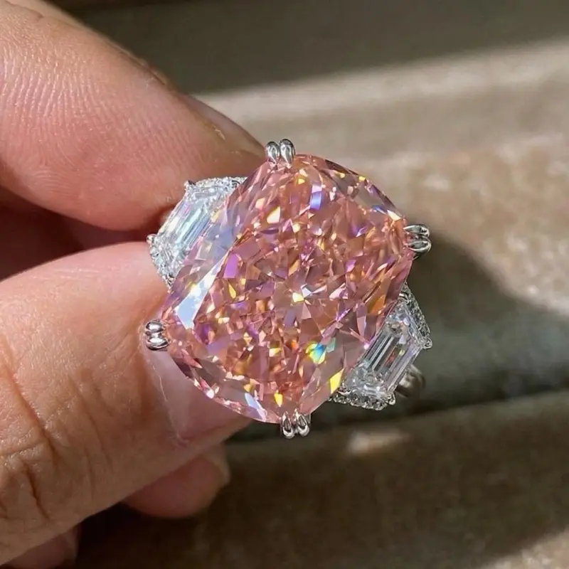 Pink Cushion Cut Statement Ring | 11*15mm | Sparkly Pink Three-Stone Cocktail Ring | Luxury High Carbon CZ Ring | 925 Silver Big Pink Ring