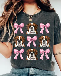 Saint Bernard with Pink Bows Dog Comfort Colors T-Shirt Women's 100% Ring-spun Cotton Relaxed Fit Tee