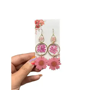 Geometric, real flower dangly earrings- daisy, forget-me-nots, Queen Anne’s lace