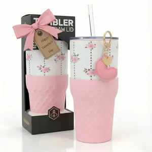 30oz Pink Tumbler with Straw & Charm – Valentines Day Gifts for Her, Wife, Girlfriend – Cute Stainless Steel Cup in Gift Box – Birthday Gift for Mom, Sister, Best Friend