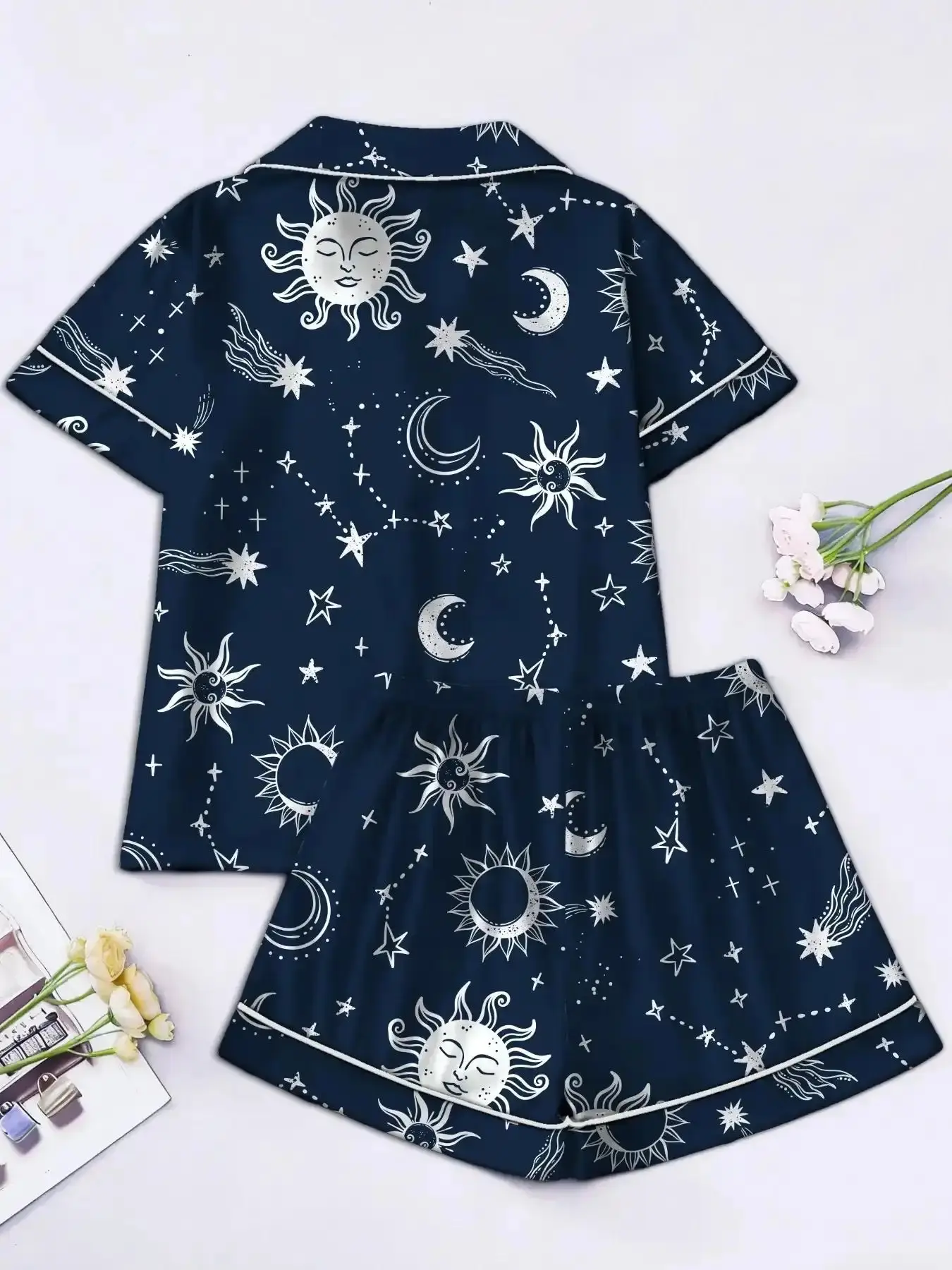 Trend!Style Starry Sun Print Sleepwear Set Pajamas for Women, Short Sleeve Cardigan Shorts Homeewear, Casual All Seasons stretch fit dressed up refined essential versatile winter style flattering