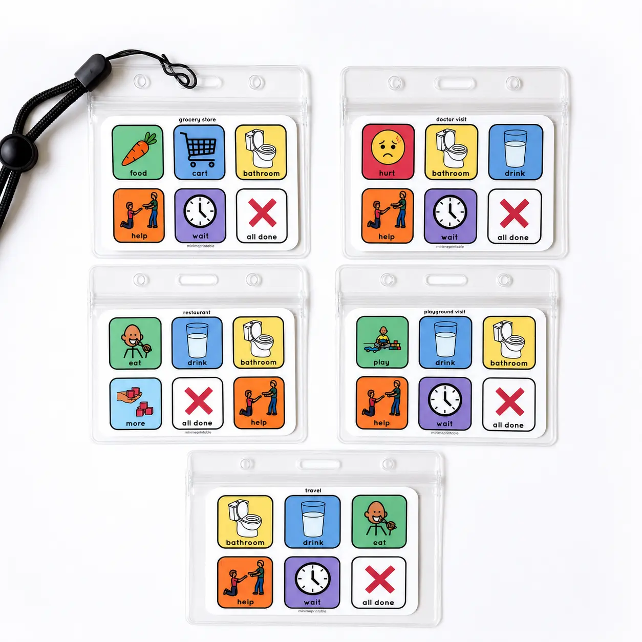 Portable Mini AAC Communication Board for Autistic Learners - Level 1 Unisex Double-Sided Location & Emotions Educational Flash Card, Laminated, with ID Badge Holder, Adjustable Lanyard, Buckle, for Restaurant & Grocery Store Use (All Seasons)